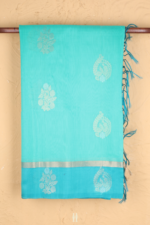 Kora Silk Cotton Saree In Seafoam Green With Floral Motifs