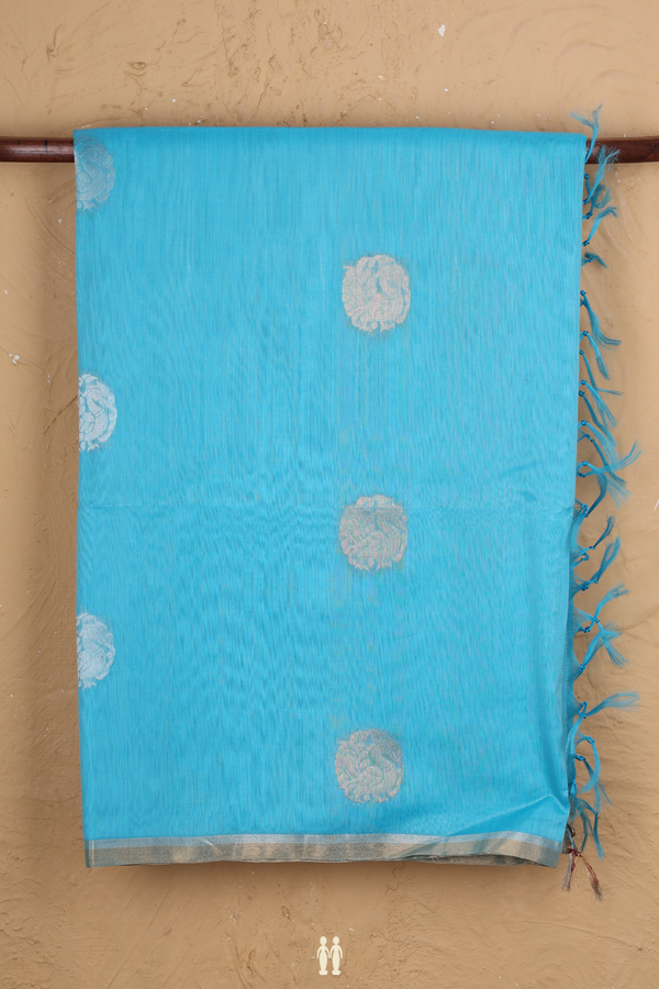 Kora Silk Cotton Saree In Sky Blue With Peacock Motifs