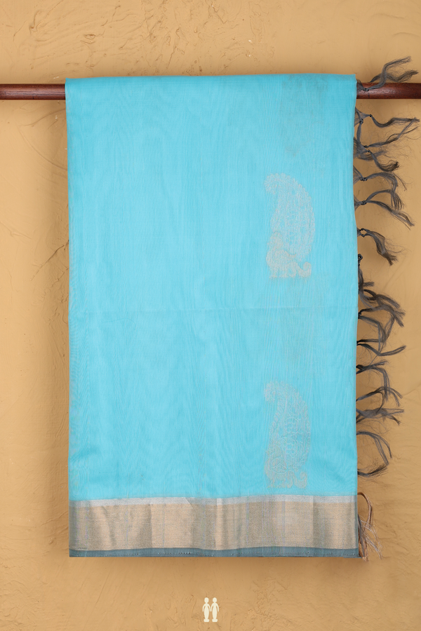 Kora Silk Cotton Saree In Sky Blue With Peacock Motifs