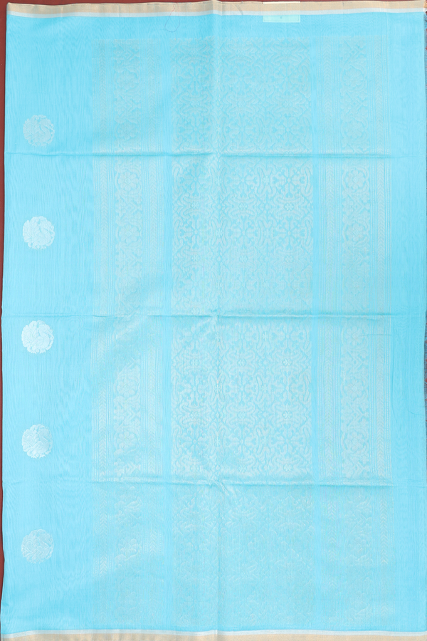 Kora Silk Cotton Saree In Sky Blue With Peacock Motifs