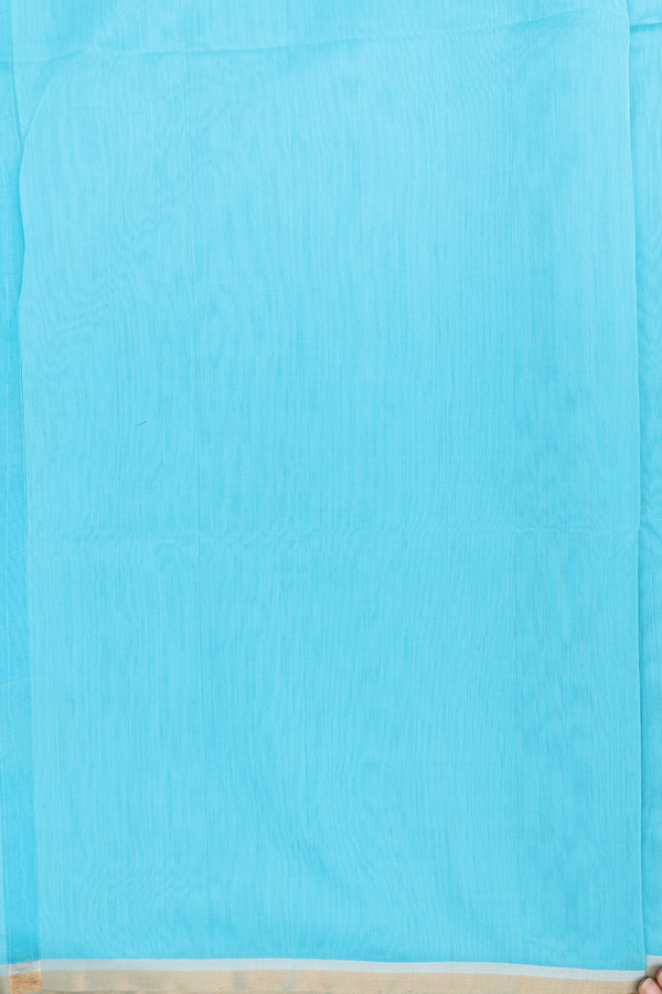 Kora Silk Cotton Saree In Sky Blue With Peacock Motifs