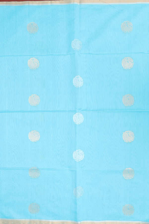 Kora Silk Cotton Saree In Sky Blue With Peacock Motifs
