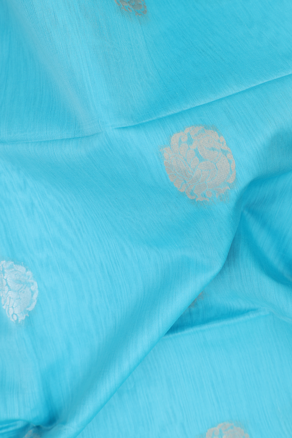 Kora Silk Cotton Saree In Sky Blue With Peacock Motifs