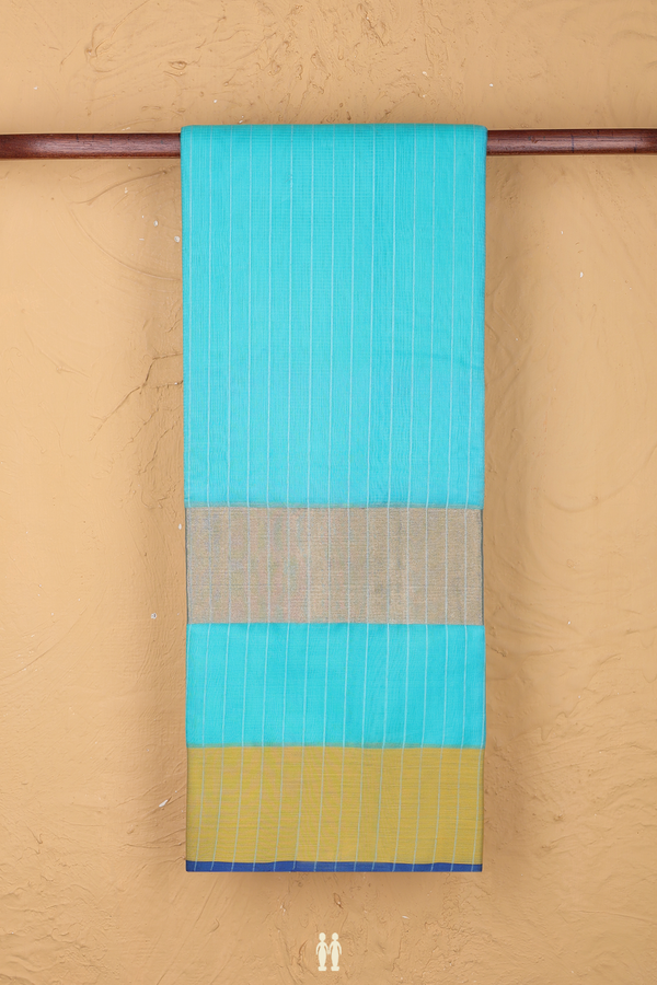 Kora Silk Cotton Saree In Sky Blue With Stripes Design