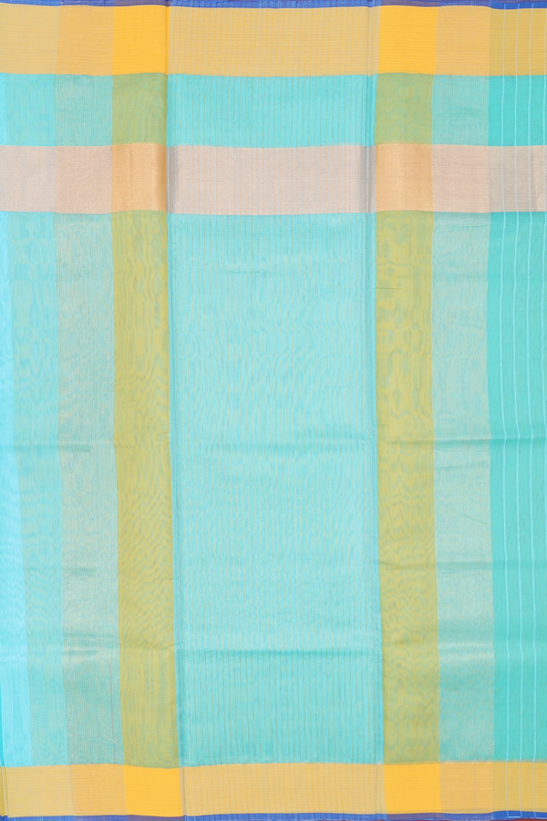 Kora Silk Cotton Saree In Sky Blue With Stripes Design