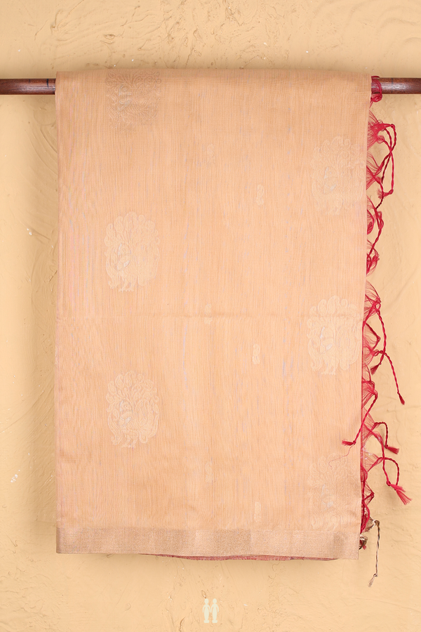 Kora Silk Cotton Saree In Tan Brown With Peacock Motifs