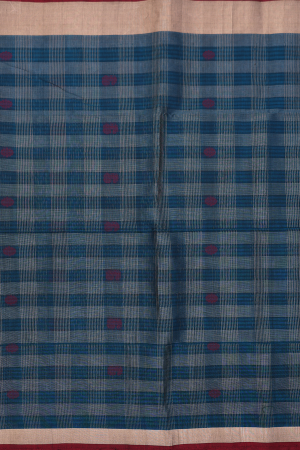Kora Silk Cotton Saree In Teal Blue With Checks Design