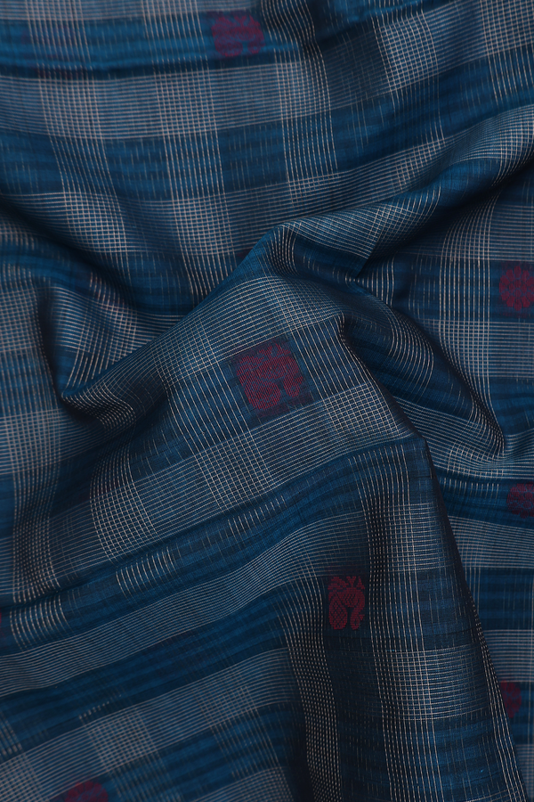 Kora Silk Cotton Saree In Teal Blue With Checks Design