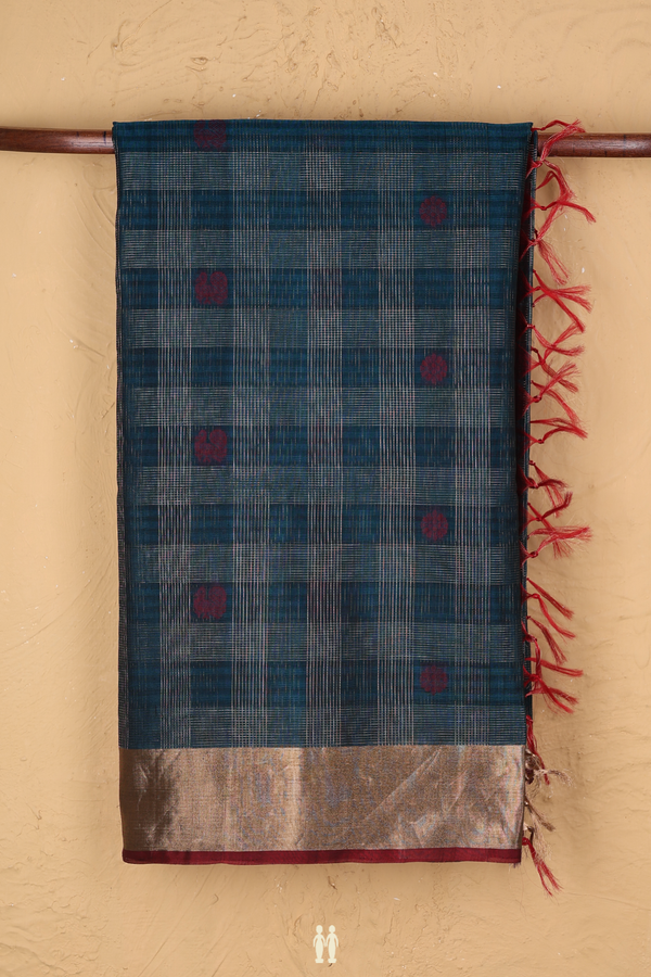 Kora Silk Cotton Saree In Teal Blue With Checks Design