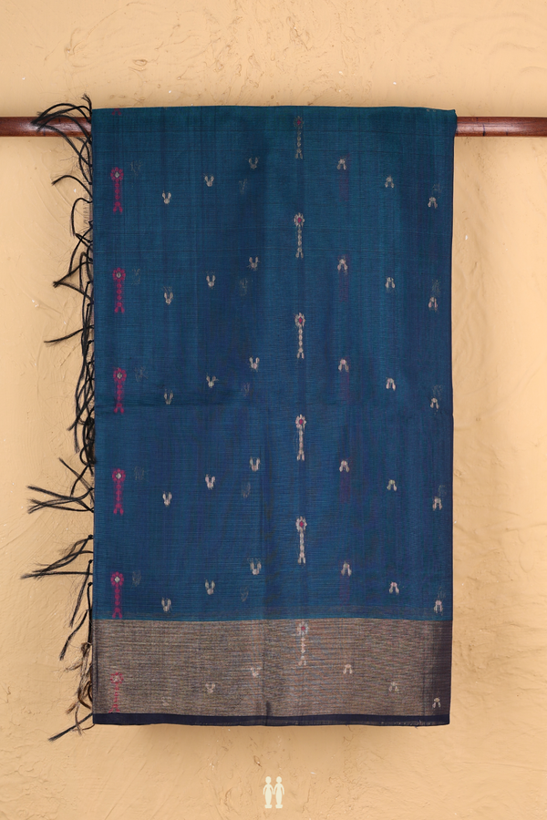 Kora Silk Cotton Saree In Teal Blue With Allover Buttas