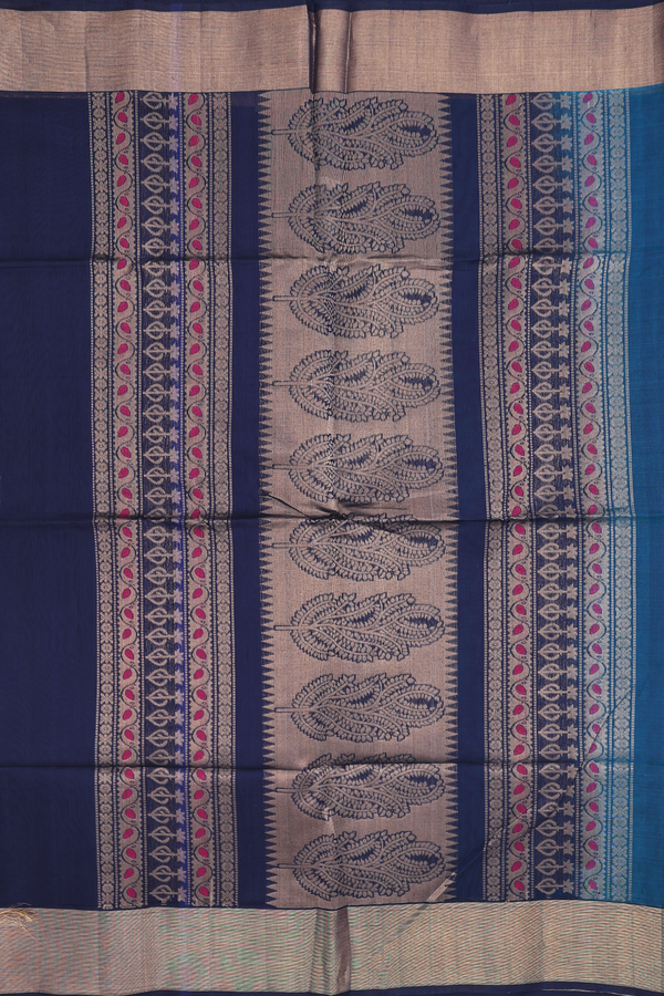 Kora Silk Cotton Saree In Teal Blue With Allover Buttas