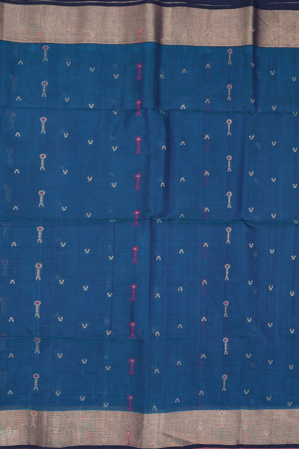 Kora Silk Cotton Saree In Teal Blue With Allover Buttas
