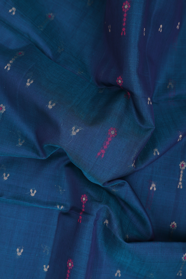 Kora Silk Cotton Saree In Teal Blue With Allover Buttas