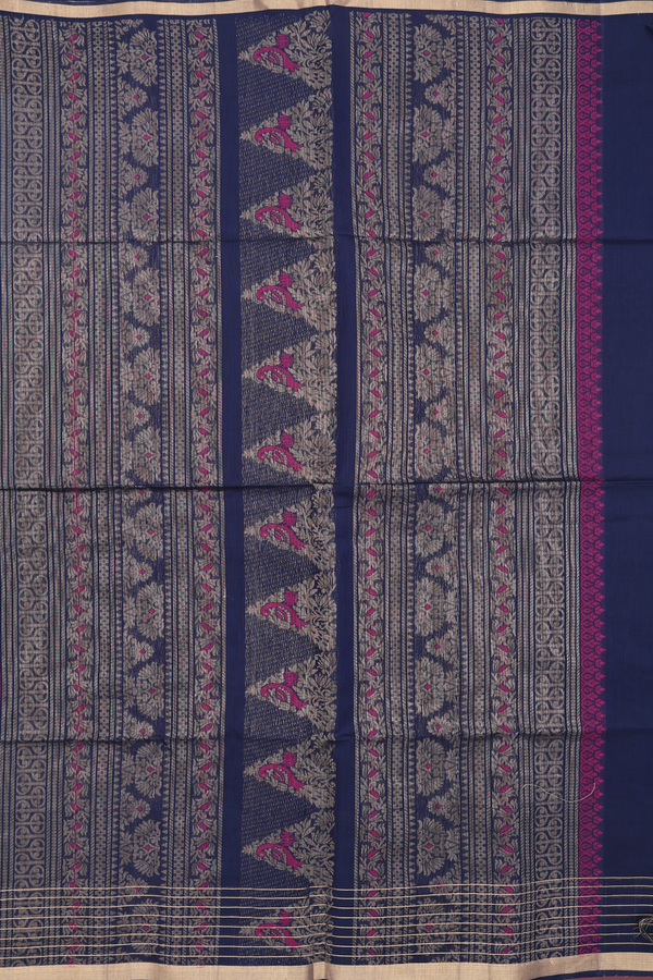 Kora Silk Cotton Saree In Teal Blue With Peacock Design