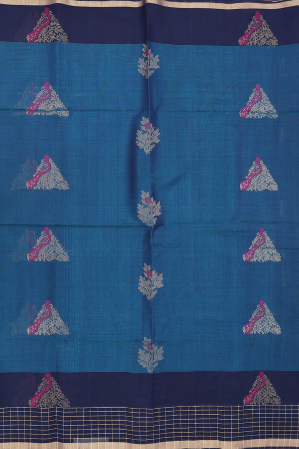 Kora Silk Cotton Saree In Teal Blue With Peacock Design