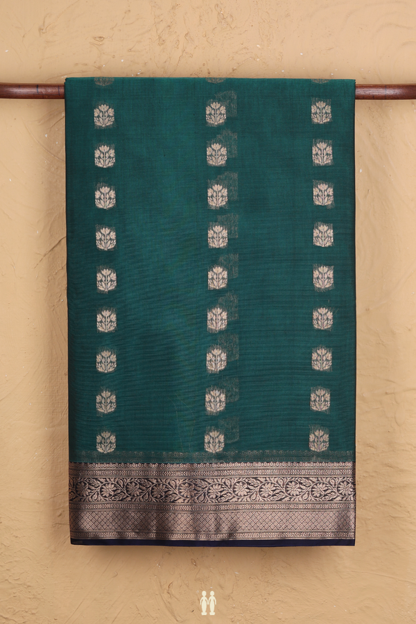 Kora Silk Cotton Saree In Teal Green With Floral Buttas