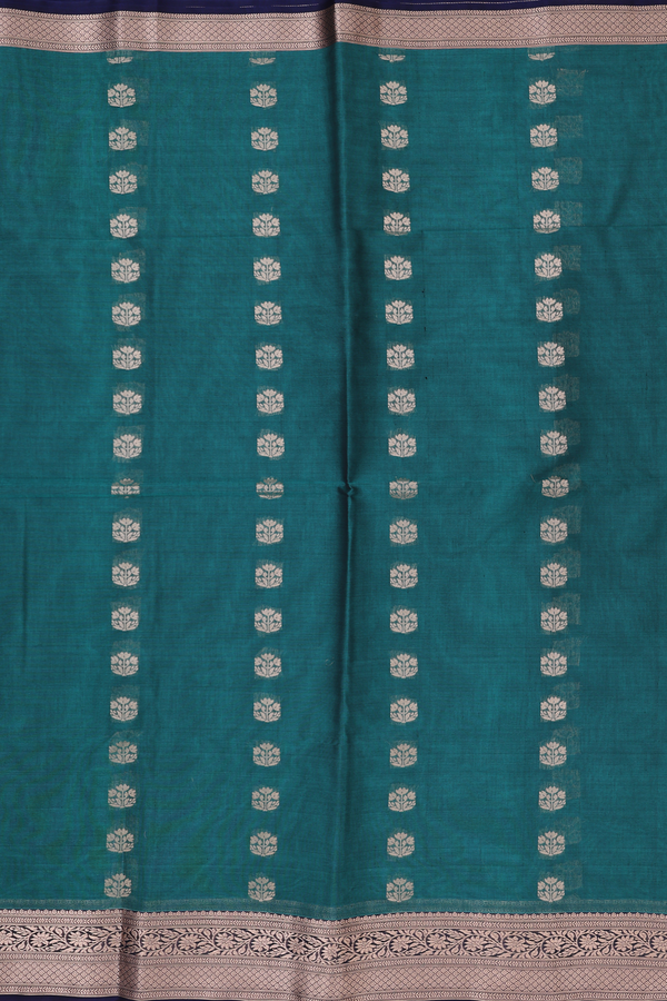 Kora Silk Cotton Saree In Teal Green With Floral Buttas