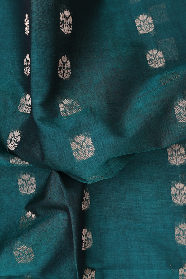 Kora Silk Cotton Saree In Teal Green With Floral Buttas