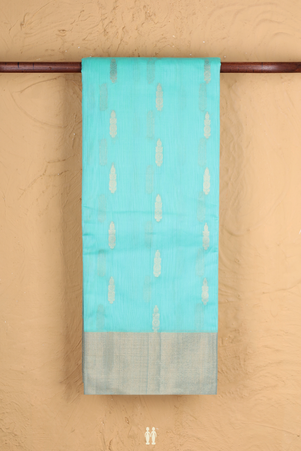 Kora Silk Cotton Saree In Tiffany Blue With Floral Buttas