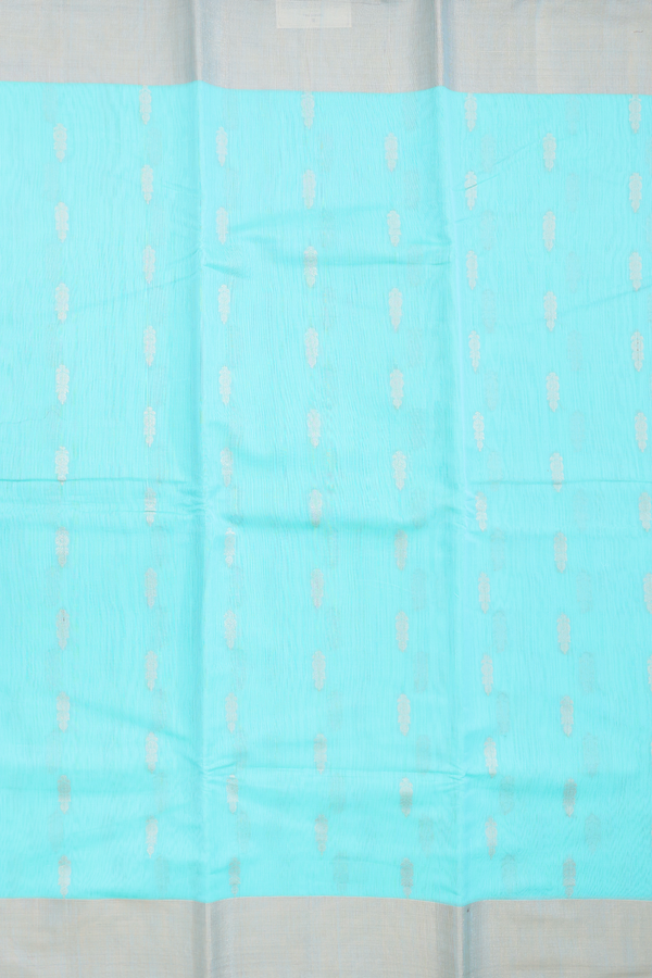 Kora Silk Cotton Saree In Tiffany Blue With Floral Buttas