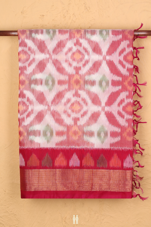 Kora Silk Cotton Saree In White With Ikat Design