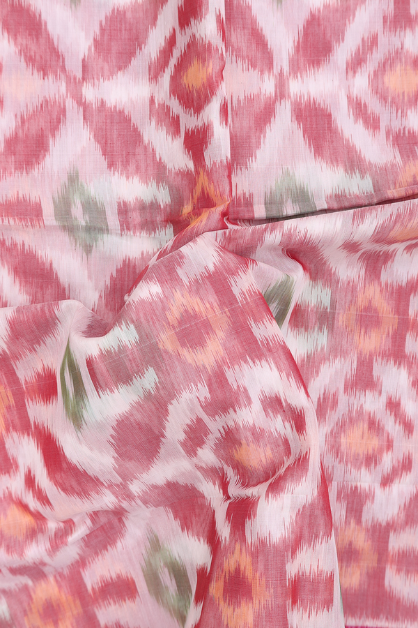 Kora Silk Cotton Saree In White With Ikat Design