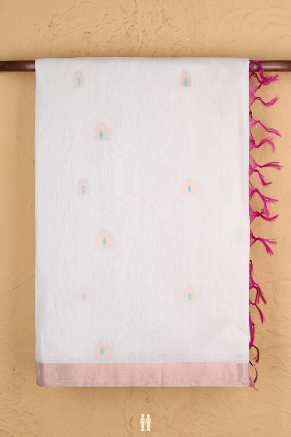 Kora Silk Cotton Saree In White With Zari Buttas