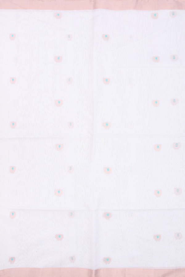 Kora Silk Cotton Saree In White With Zari Buttas