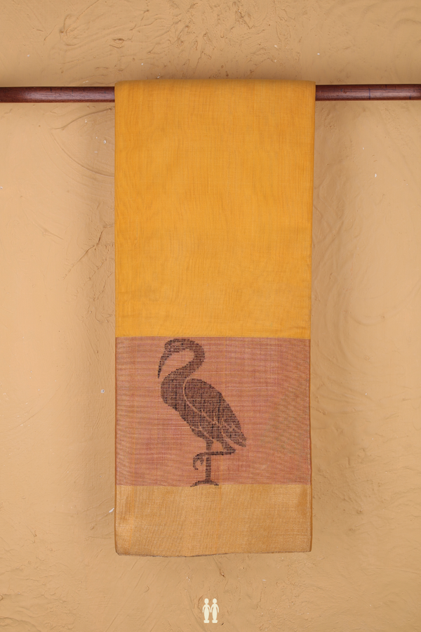 Kora Silk Cotton Saree In Yellow With Contrast Border