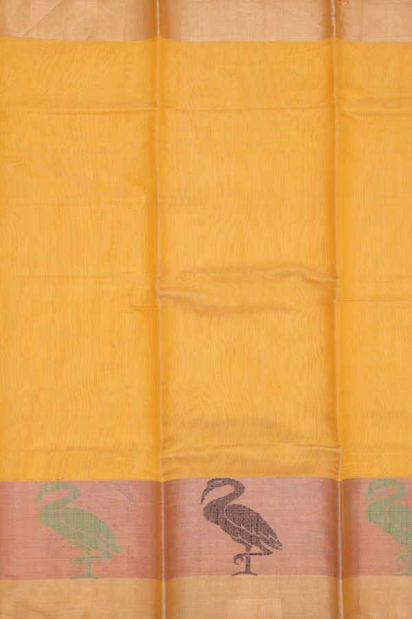 Kora Silk Cotton Saree In Yellow With Contrast Border