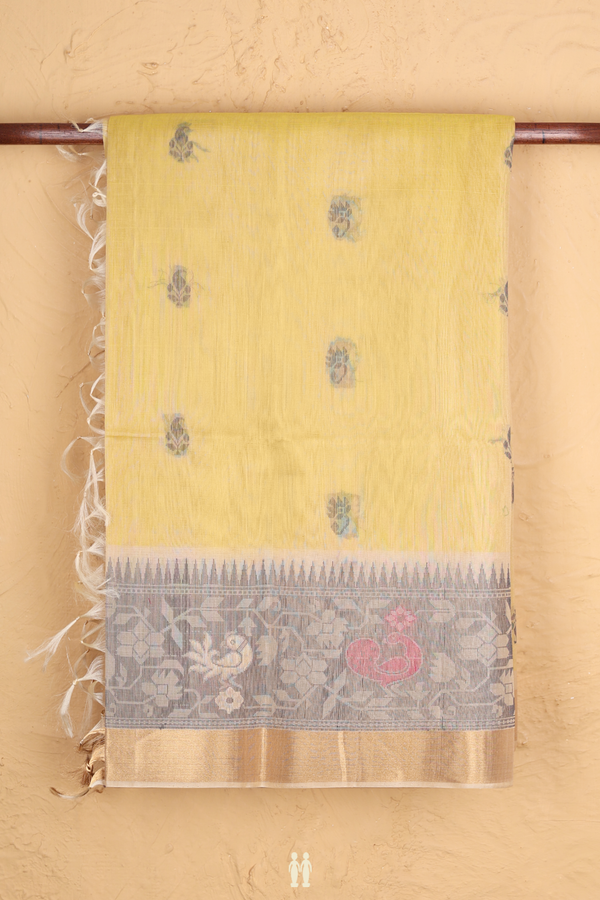 Kora Silk Cotton Saree In Yellow With Floral Buttas