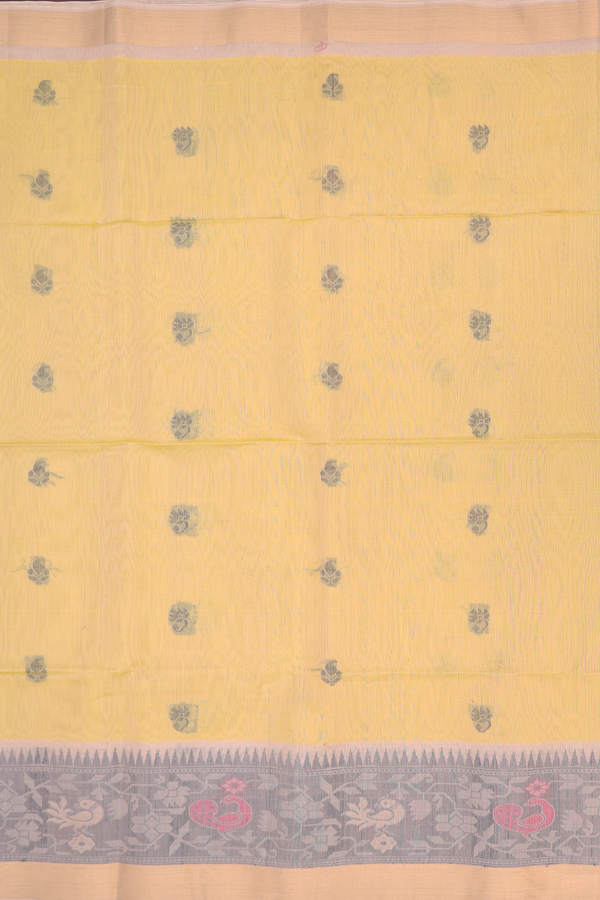 Kora Silk Cotton Saree In Yellow With Floral Buttas
