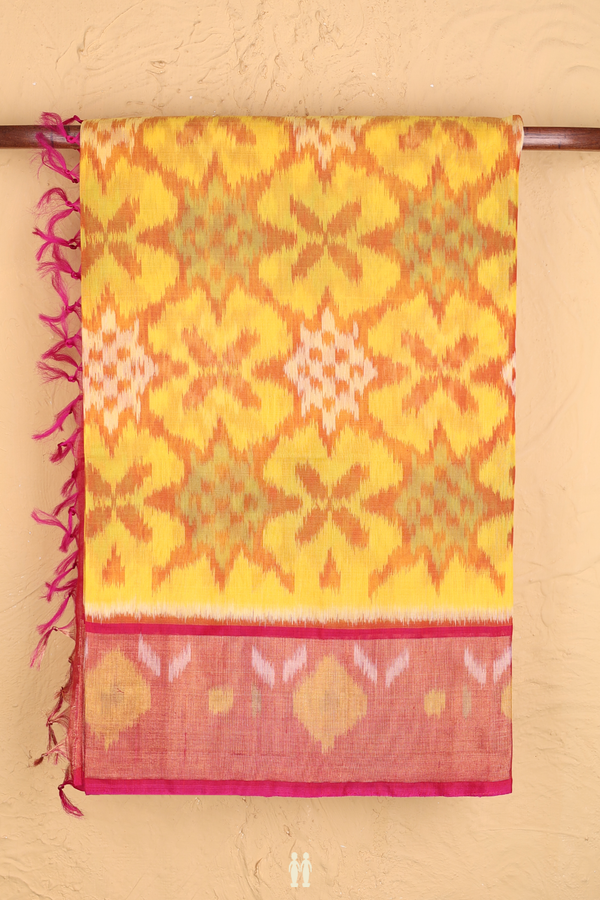 Kora Silk Cotton Saree In Yellow With Printed Design