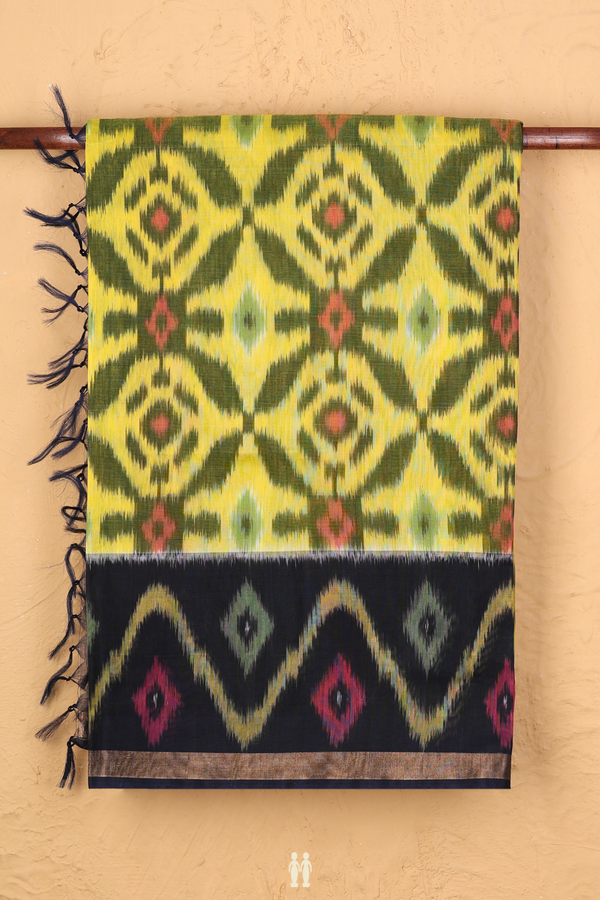 Kora Silk Cotton Saree In Yellow With Ikat Design