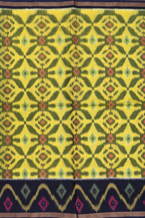 Kora Silk Cotton Saree In Yellow With Ikat Design