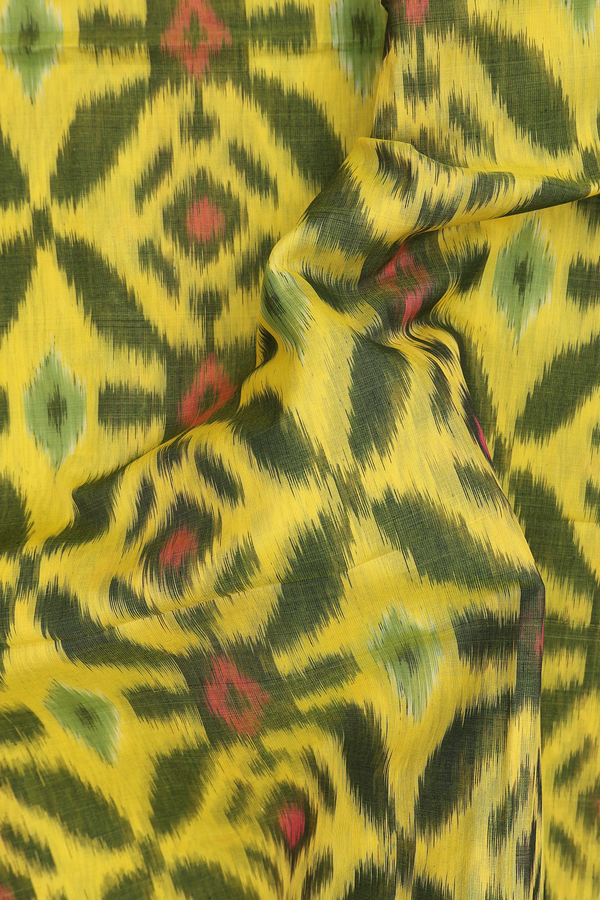 Kora Silk Cotton Saree In Yellow With Ikat Design