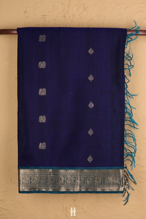 Kora Silk Cotton Saree In Royal Blue With Peacock Buttas