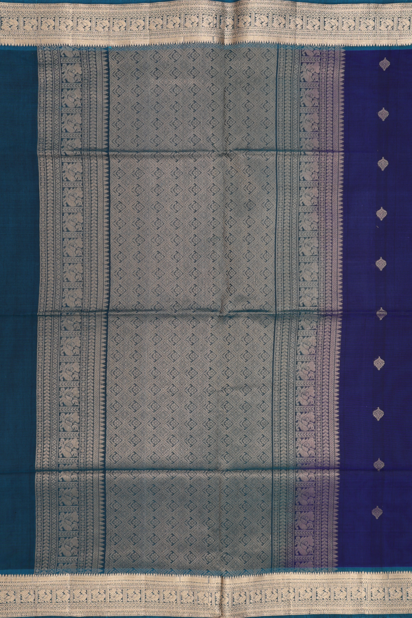 Kora Silk Cotton Saree In Royal Blue With Peacock Buttas