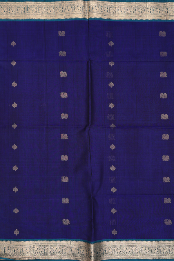 Kora Silk Cotton Saree In Royal Blue With Peacock Buttas