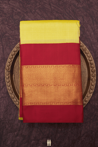 Korvai Zari Border Plain Celery Yellow Kanchipuram Silk Saree