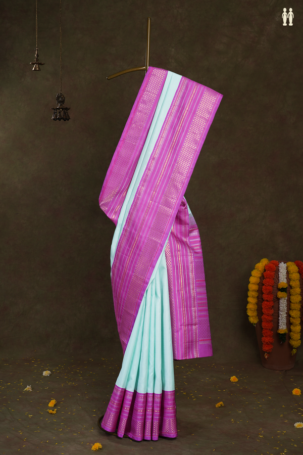 Korvai Zari Border Plain Mint Blue Kanchipuram Silk Saree