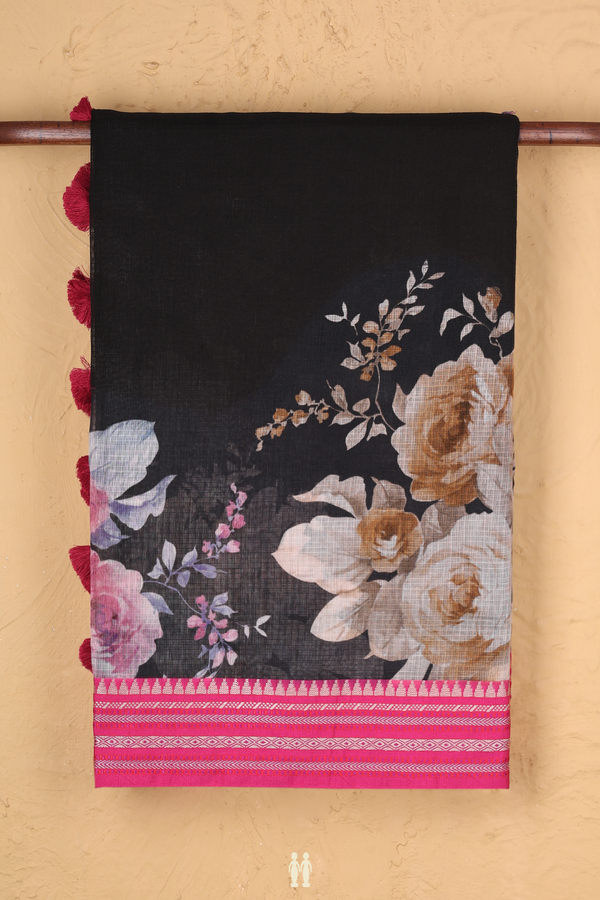 Kota Cotton Saree In Black With Floral Design