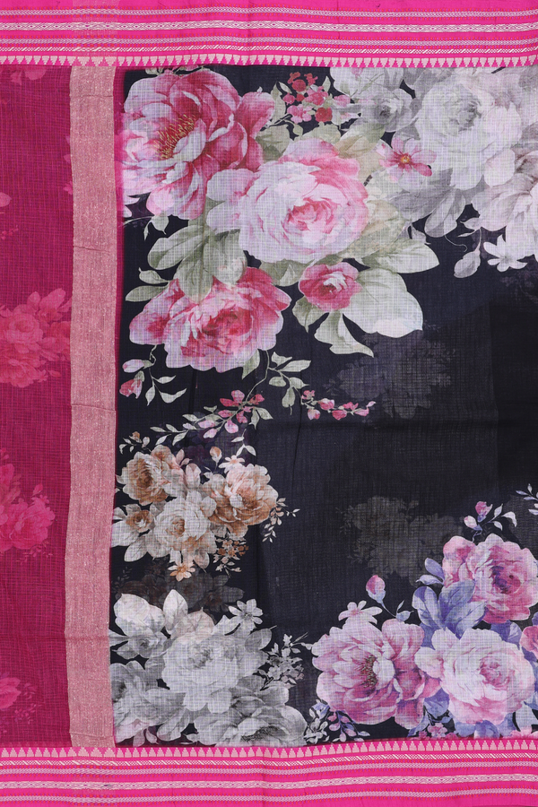 Kota Cotton Saree In Black With Floral Design