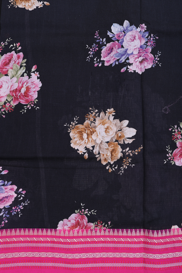 Kota Cotton Saree In Black With Floral Design