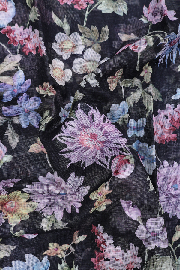 Kota Silk Saree In Black With Floral Design