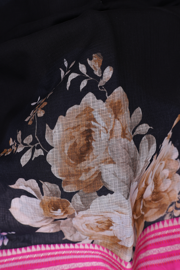 Kota Cotton Saree In Black With Floral Design