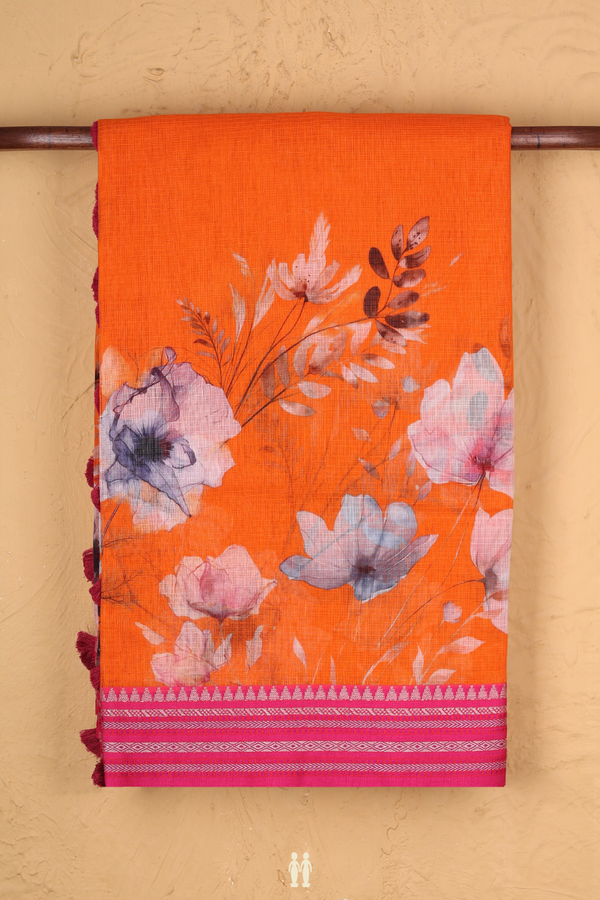 Kota Cotton Saree In Bright Orange With Floral Design