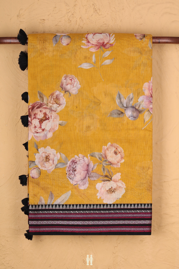 Kota Cotton Saree In Mustard Yellow With Floral Design