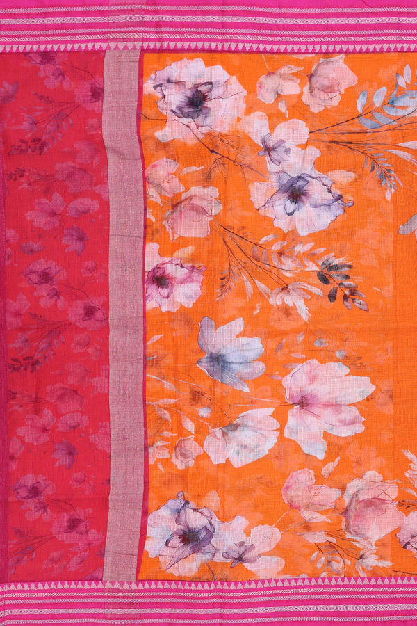 Kota Cotton Saree In Bright Orange With Floral Design