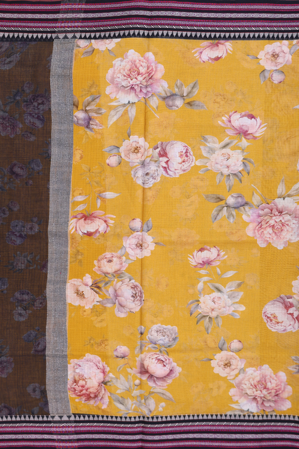Kota Cotton Saree In Mustard Yellow With Floral Design